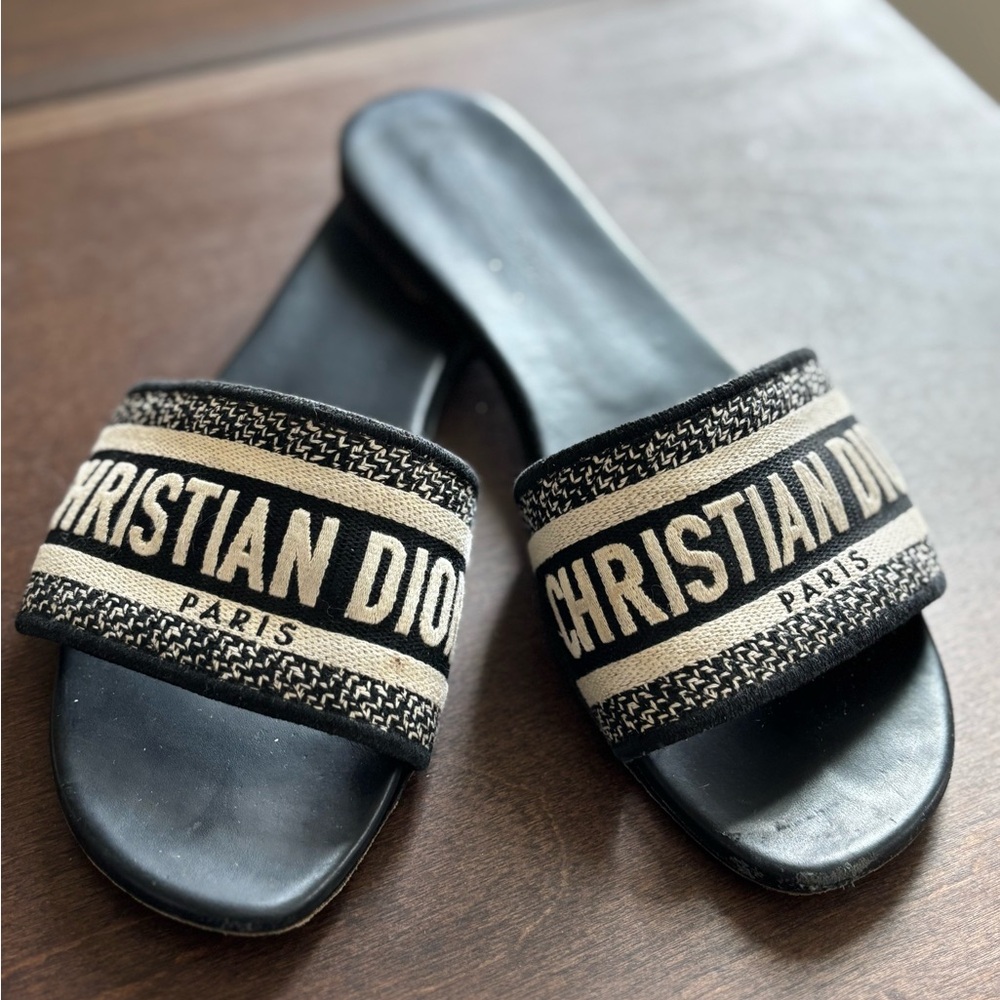 Dior Black and Beige Christian Dior Logo Slide Sandals - Picture 4 of 5